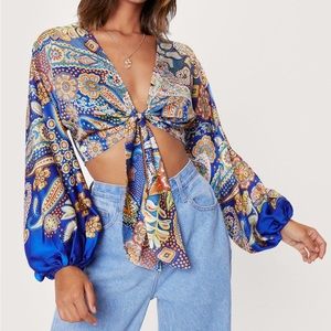 Nasty Gal Paisley Satin Tie Front Blouse